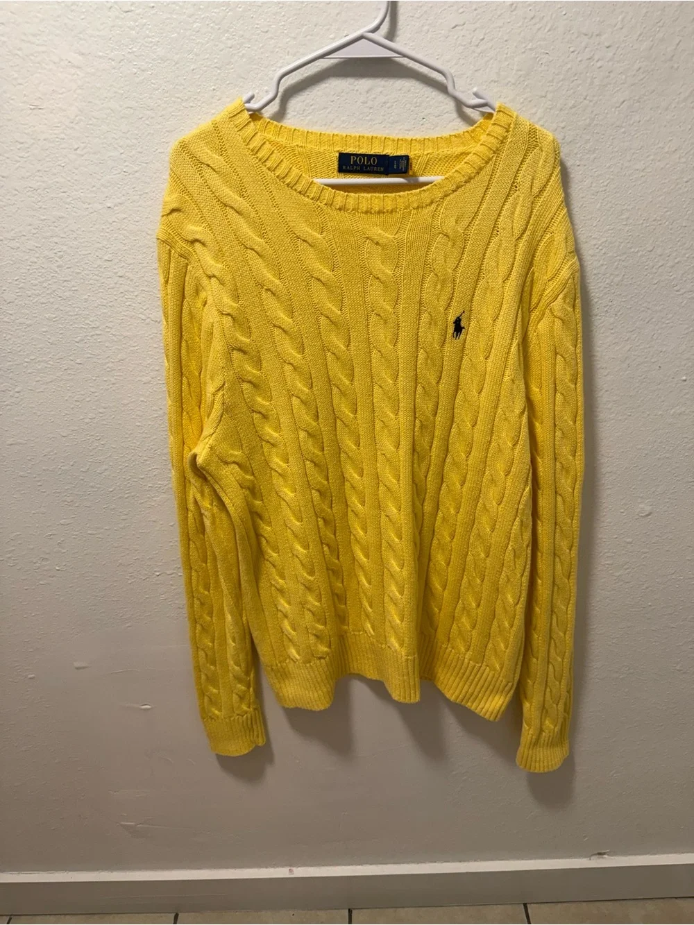 Polo Ralph Lauren Yellow Cable Knit Crewneck Sweater with Classic Blue Pony Logo